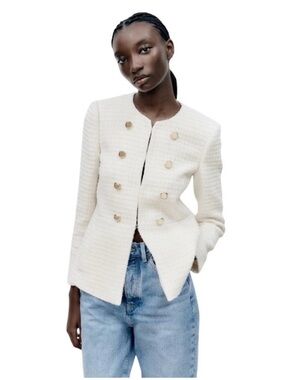 Zara - NWT Elegant Cream Textured Blazer Jacket